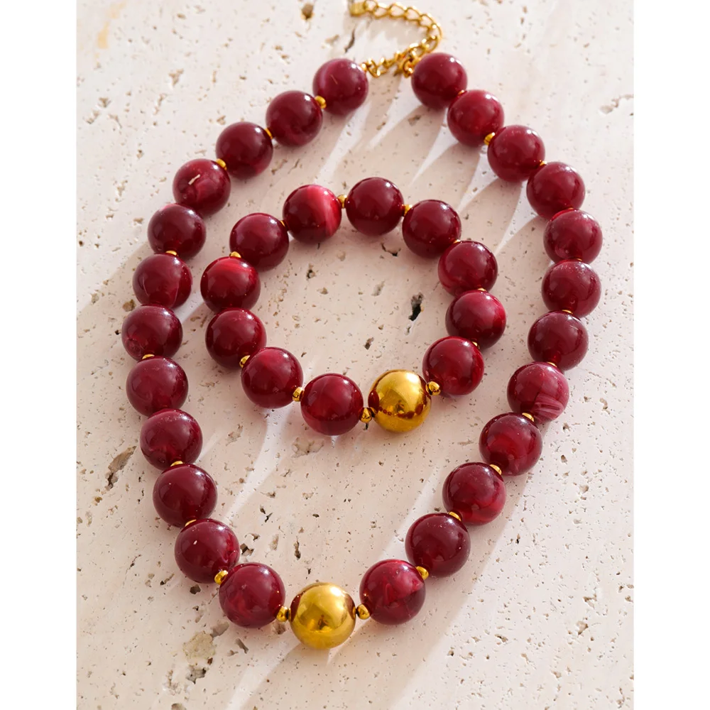 Yhpup Multi-color Resin Round Beads Chain Statement Necklace Bracelet Stainless Steel Popular Handmade Daily Trendy Jewelry Gift