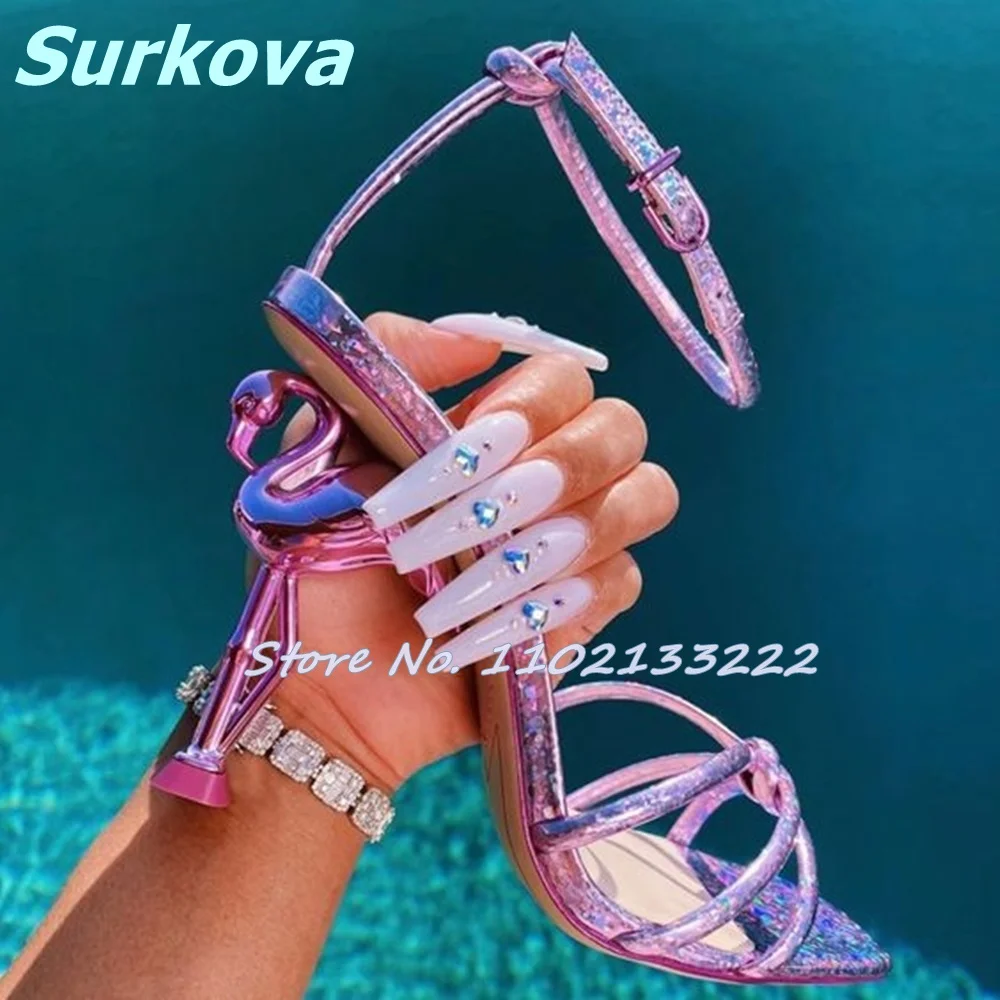 Crane Heel Sandals Round Toe Stange Style High Heels Open Toe Buckle Strap Purple Women Shoes Fashion Sexy Luxury Summer Sandals