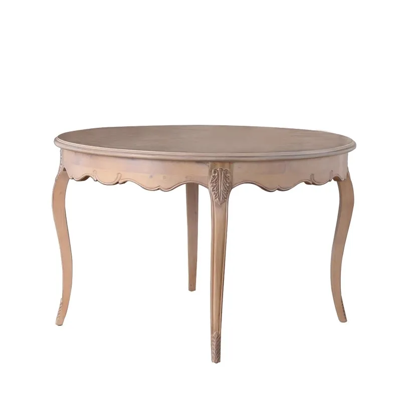 

French classical log solid wood carving round light luxury dining table and chair combination 6 people restaurant retr