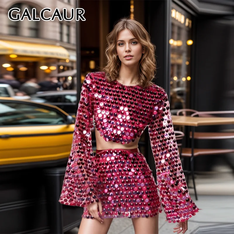 GALCAUR Spliced Sequnied Clab Mini Dresses Women O Neck Long Sleeve High Waist Hollow Out Sexy Sheer Dresses Female Autumn New