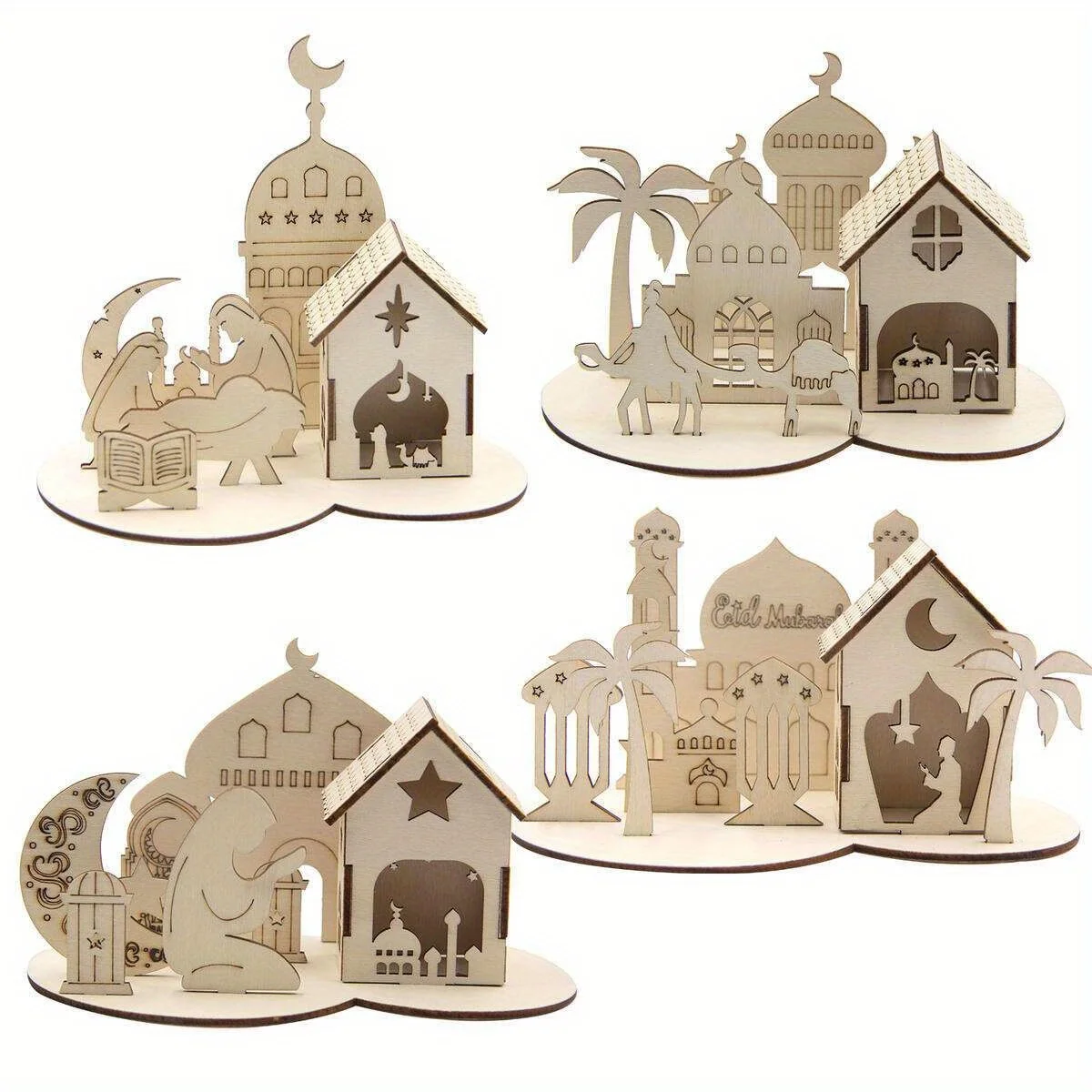 1 ensemble d'ornements en bois EID Mubarak, artisanat en bois étoile du Temple Moom pour Ramadan Eid al-fitr, décoration de Table, bricolage, cadeaux
