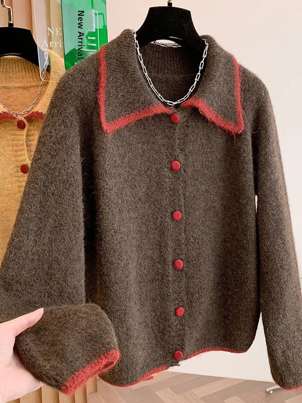 

Loose Fit Knitted Sweater Women's Large Size Casual Sle Retro Patchwork Color Collar Winter Faion Comfortable Inner Wear