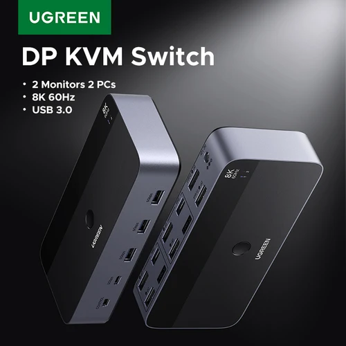 Imagen 1 del producto UGREEN DP KVM Switch 2 monitores 2 piezas 8K 60Hz USB 3,0 compartido teclado ratón Monitor con HDR 3D para impresora de escritorio portátil