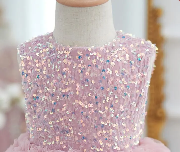 2024 Flower Girl Wedding Pink Princess Ball Gown Children Cute Bow Sequins Sleeveless Birthday Party Dress y1259