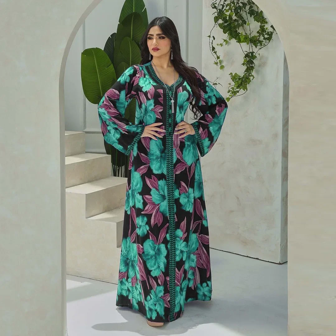 

Arabia Turkish Muslim Dress Women Printed Abayas for Women Diamond Long Dress Dubai Abaya Evening Dresses Kaftan Caftan Marocain