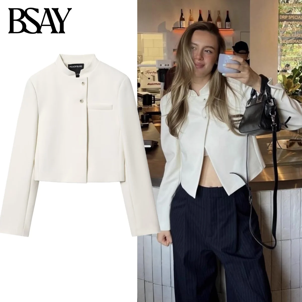 

BSAY White Short Blazers for Women Fashion Autumn Winter New Long Sleeve Single-breasted Pocket Suits Jacket Chic Female Coat
