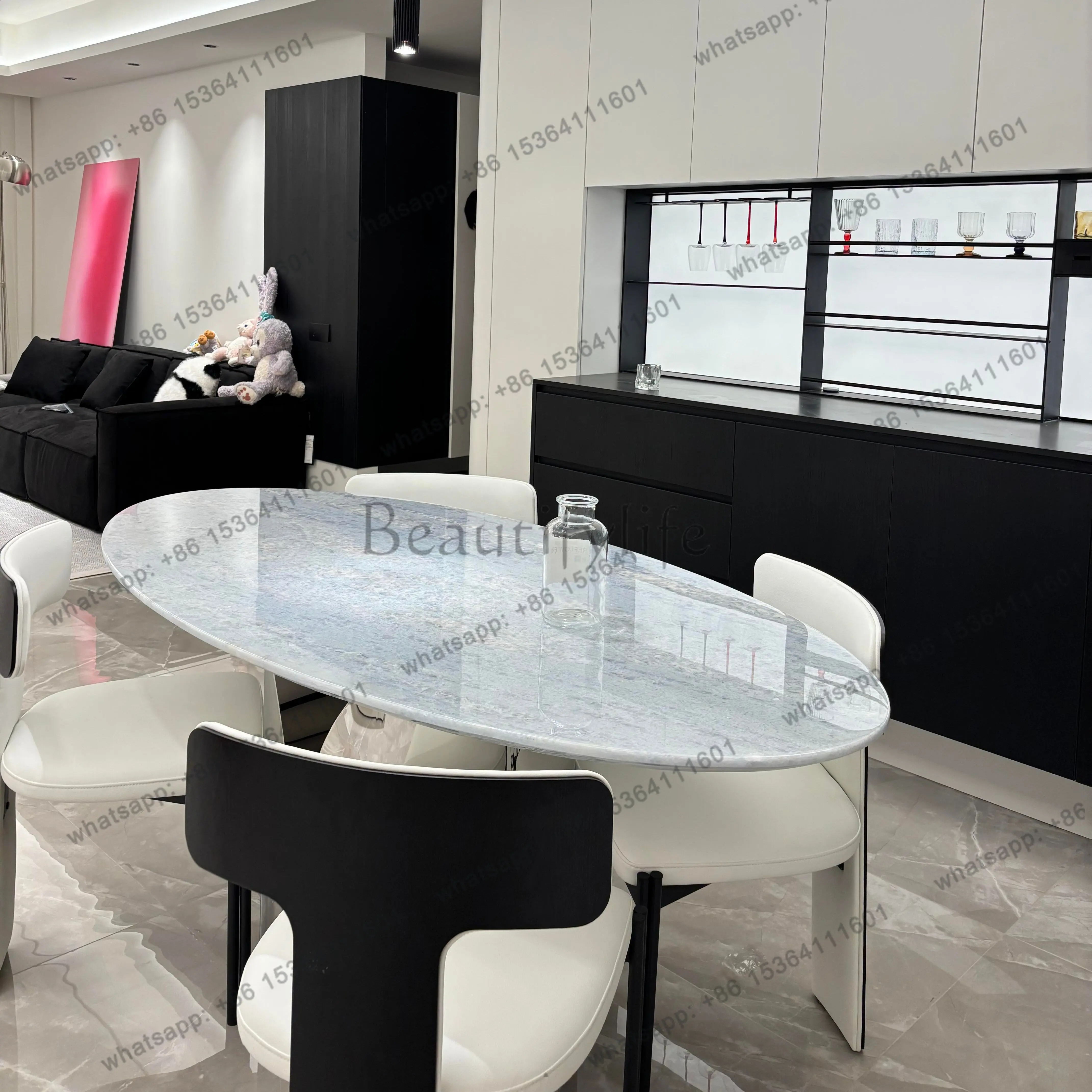 Imported blue crystal luxury stone dining table special-shaped modern light luxury natural marble