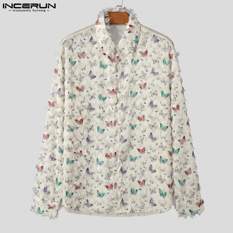 Stylish Clothing Tops New Men\'s Personalized Printed Tassels Design Shirts INCERUN Handsome Male Long Sleeved Lapel Blouse S-5XL