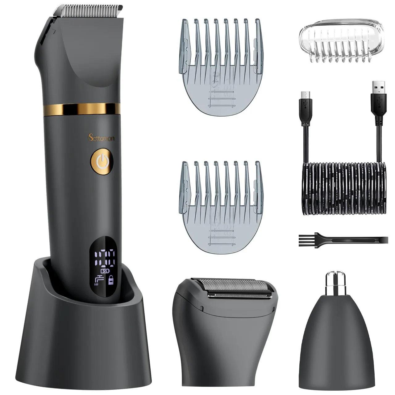 

Sccttomon 3-in-1 Grooming Kit USB Rechargeable Waterproof Body Shaver Nose Trimmer with Digital Display