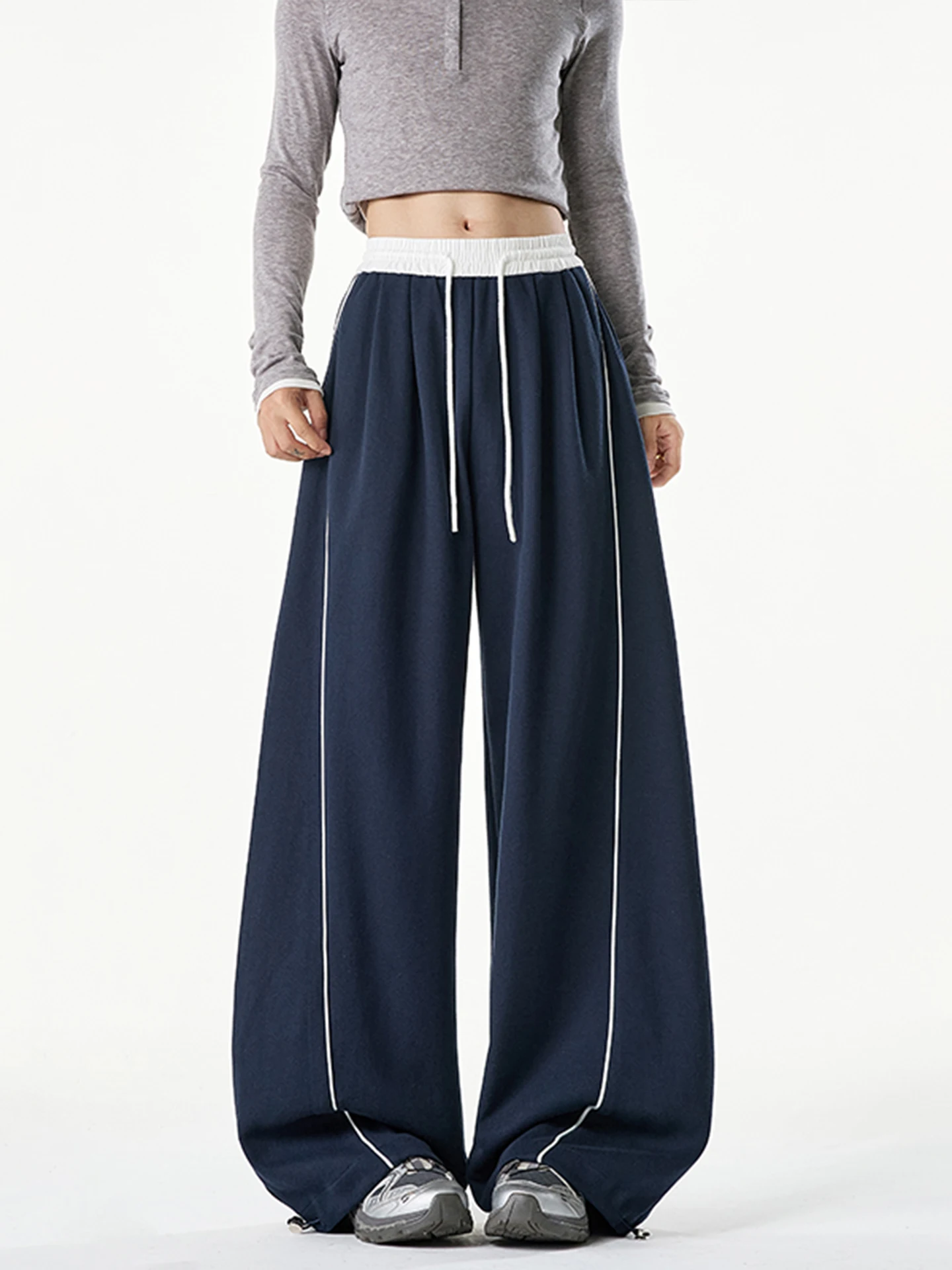 Trendy Sporty Loose Casual Pants Men Women Autumn Simple Heavy Sweatpants Double Waist Head Color Collision Wide Leg Pants
