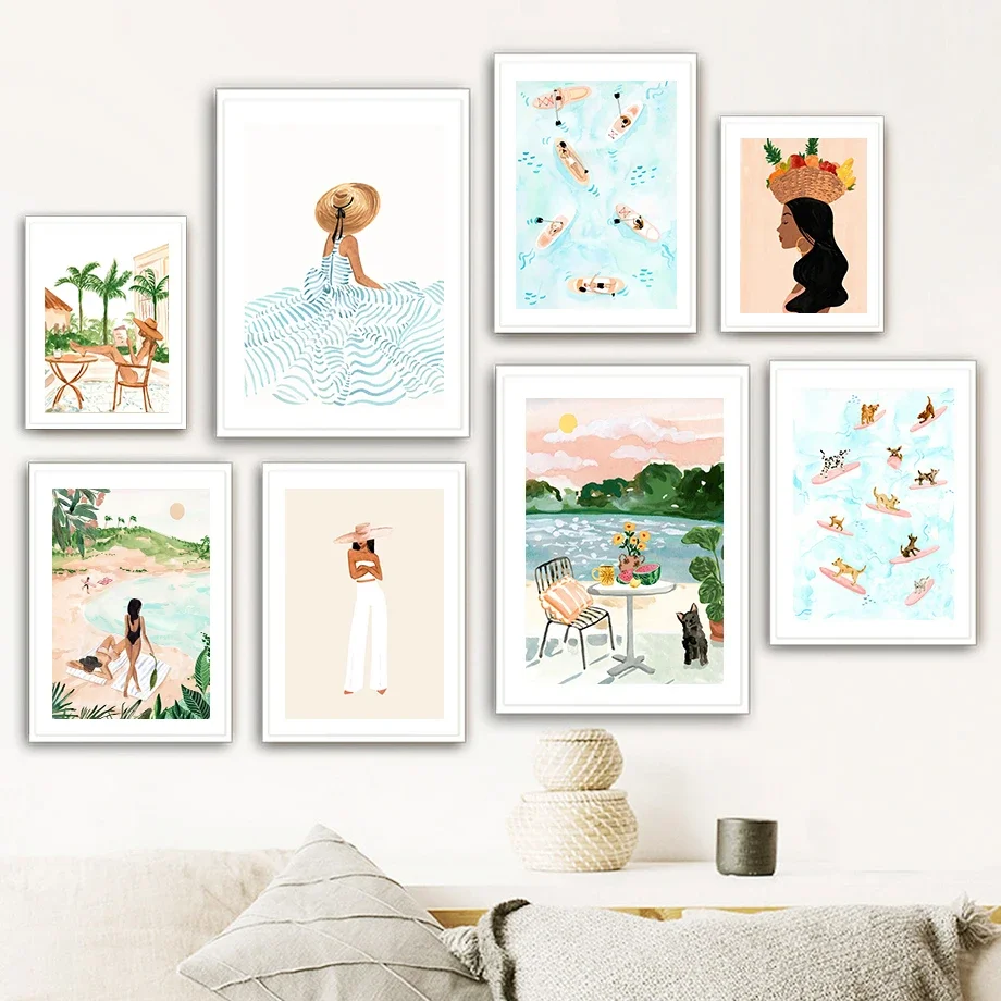 Summer Beach Leisure Holiday Fashion Wall Art Canvas Painting Nordic Poster Room Decor Tropical Watercolor Sunbathe Surfing