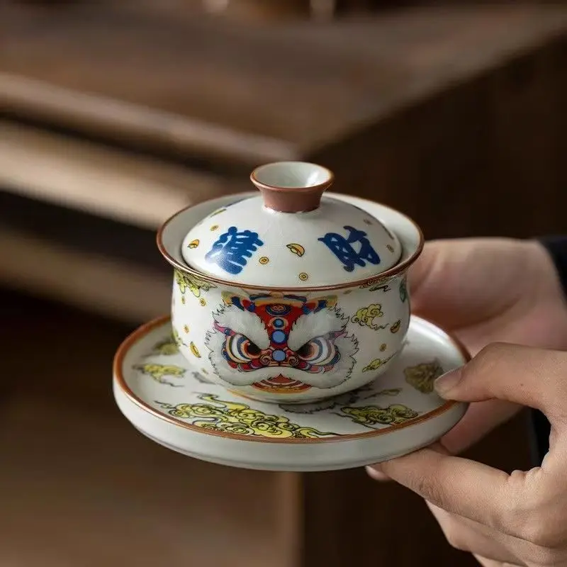 Traditional Ru Kiln Gaiwan Chinese Tea Set Lucky Lion Floating Cup Rotating Lid Ceramic Teaware Home Office Gongfu Tea
