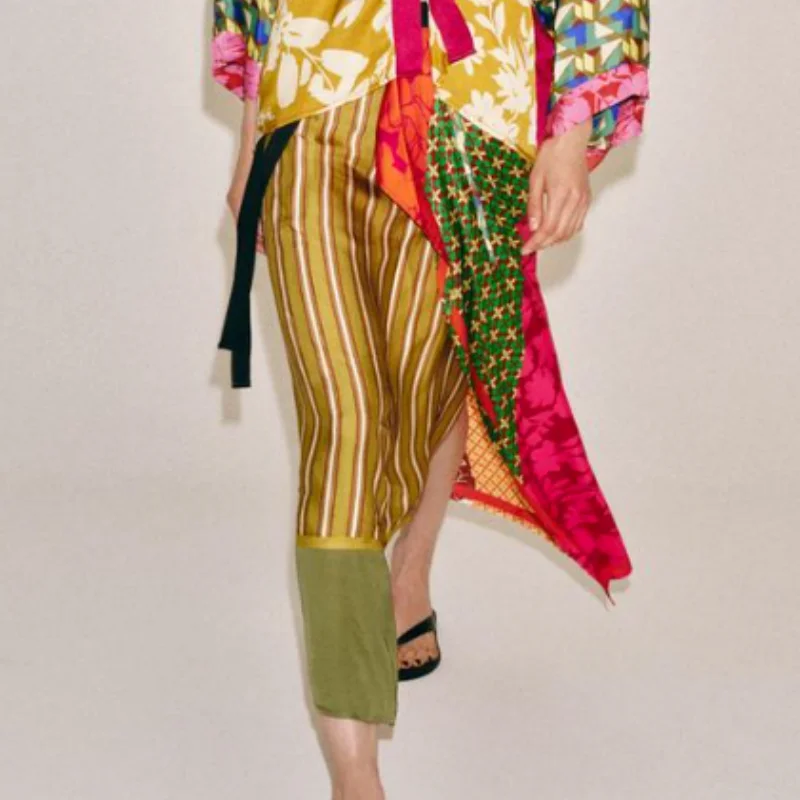 New 2026 Summer Vintage Women's Midi Skirt Wrap Scarf Style Printed Stripe Floral Wrap Skirt Ladies Straight Cut mid Waist