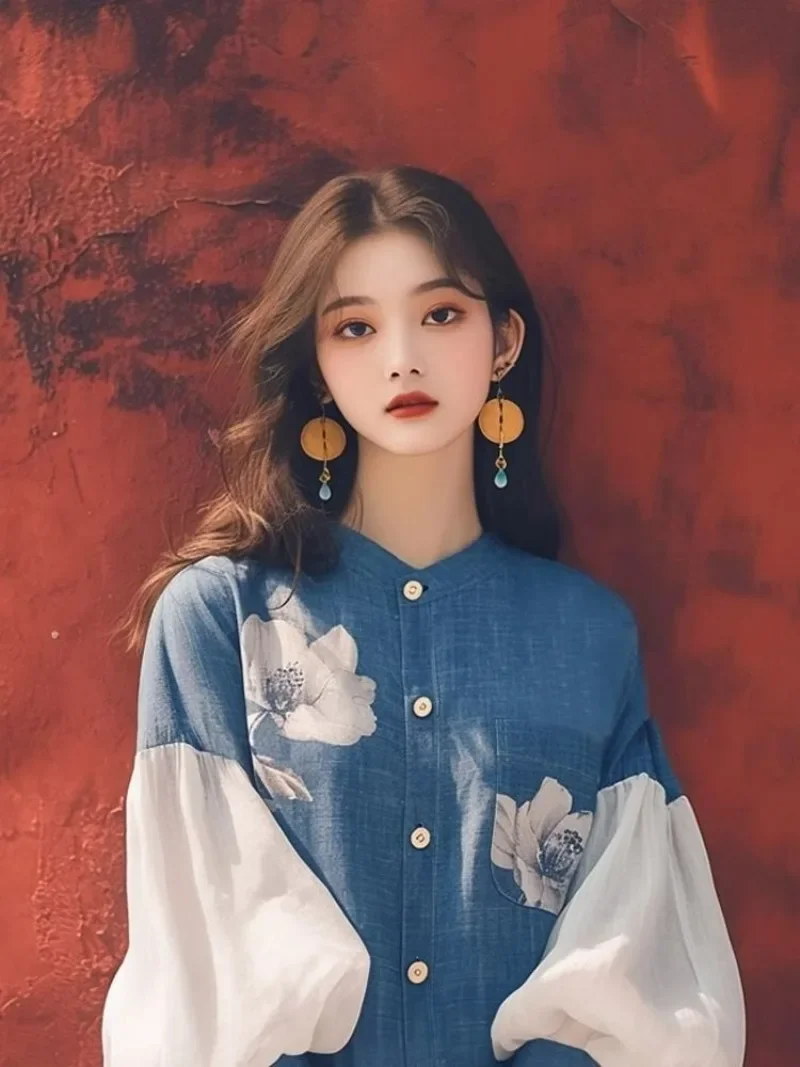 Vintage Women\'s Shirts Spring/summer New Chiffon Print Women Blouses Loose Long Sleeve Top Patchwork Korean Clothing Sales