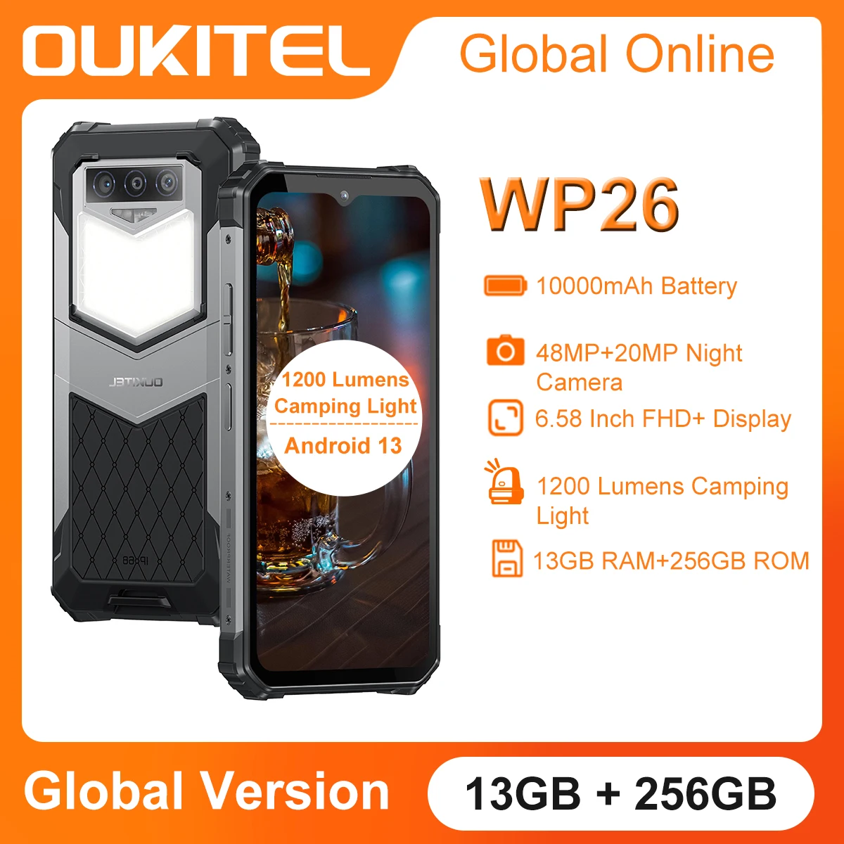 Oukitel WP26 Rugged Smart Phone 10000mAh 8GB+256GB ROM Android MTK P90 48MP+20MP  Night Camera NFC LCD Display