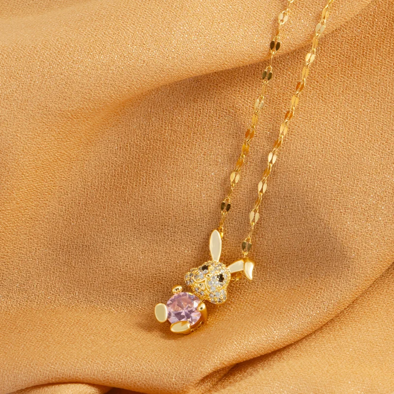 

women fashion necklace 1pc cute rabbit shape with diamond and pink zircon inlay golden clavicle chain sweet versatile style