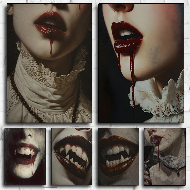 Printing Halloween Wall Art Picture for Living Room Home Decor Vintage Vampire Teeth Bloody Gothic Dark Spooky Posters Canvas