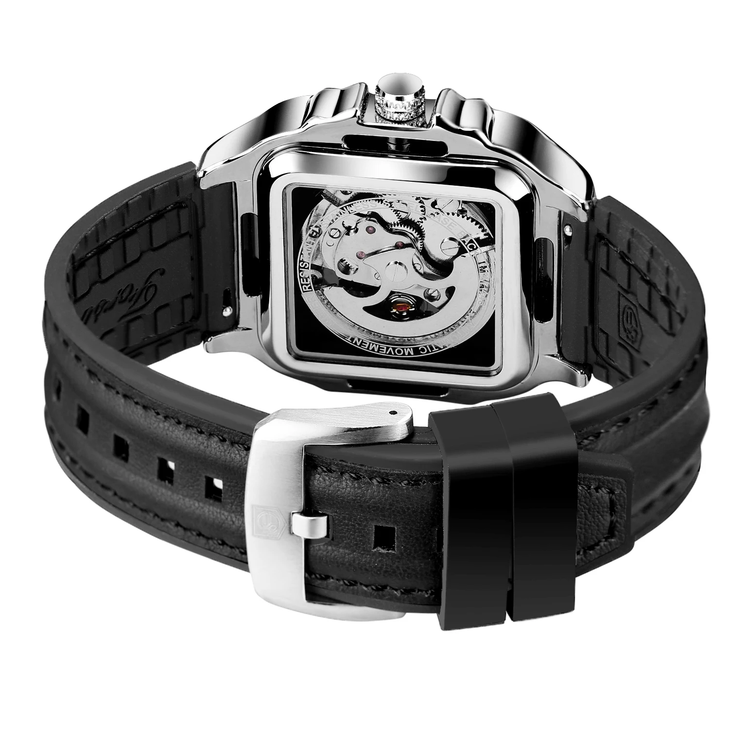 FORSINING Fashion Blue Square Steel Skeleton Mechanical Man Watch Automatic Movement Field Sport Silicone Strap Military Watches