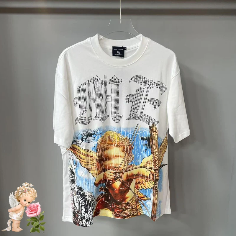 

Classic Angel Archery Graphic Tee Mixed Emotion Embroidery Rhinestone Logo T-shirt Men Women High Quality Oversized T Shirt Tops