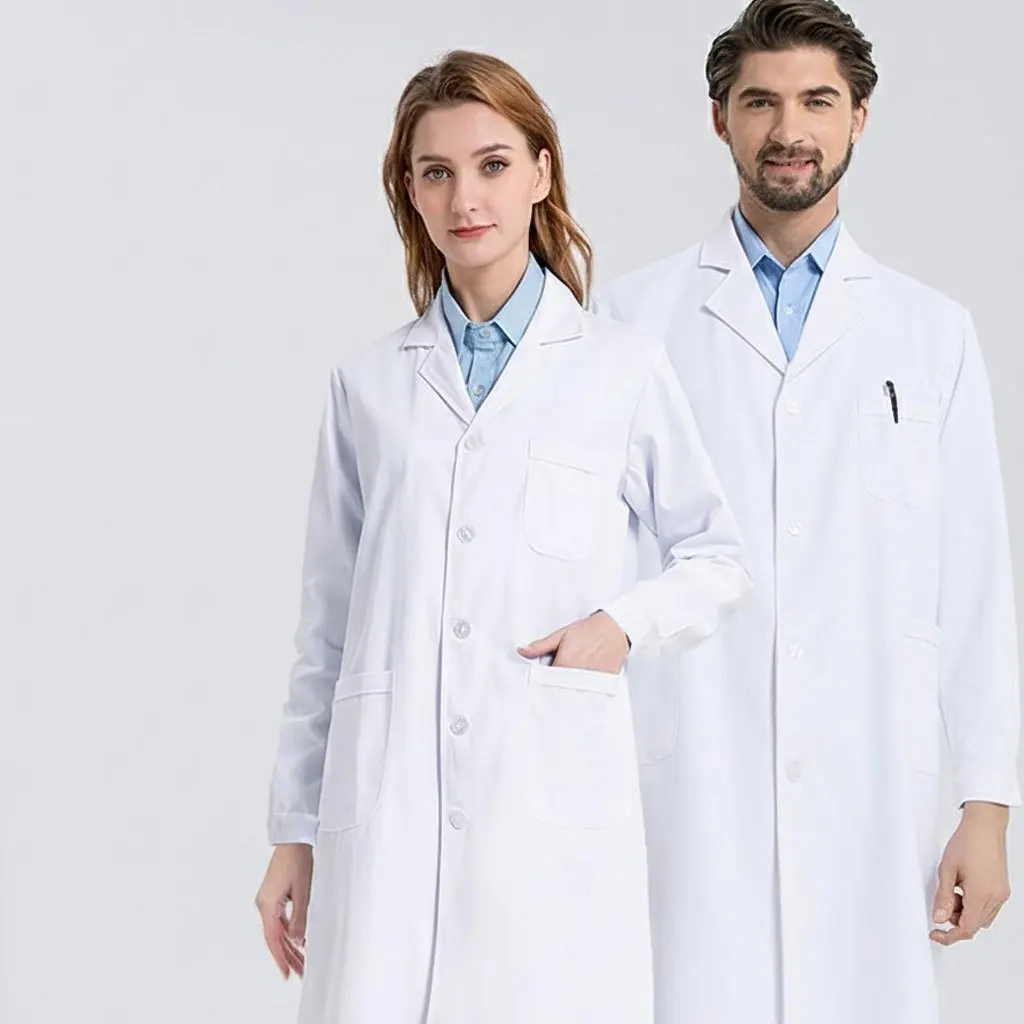 Unisex White Lab Coat Long Sleeve Protective Gown