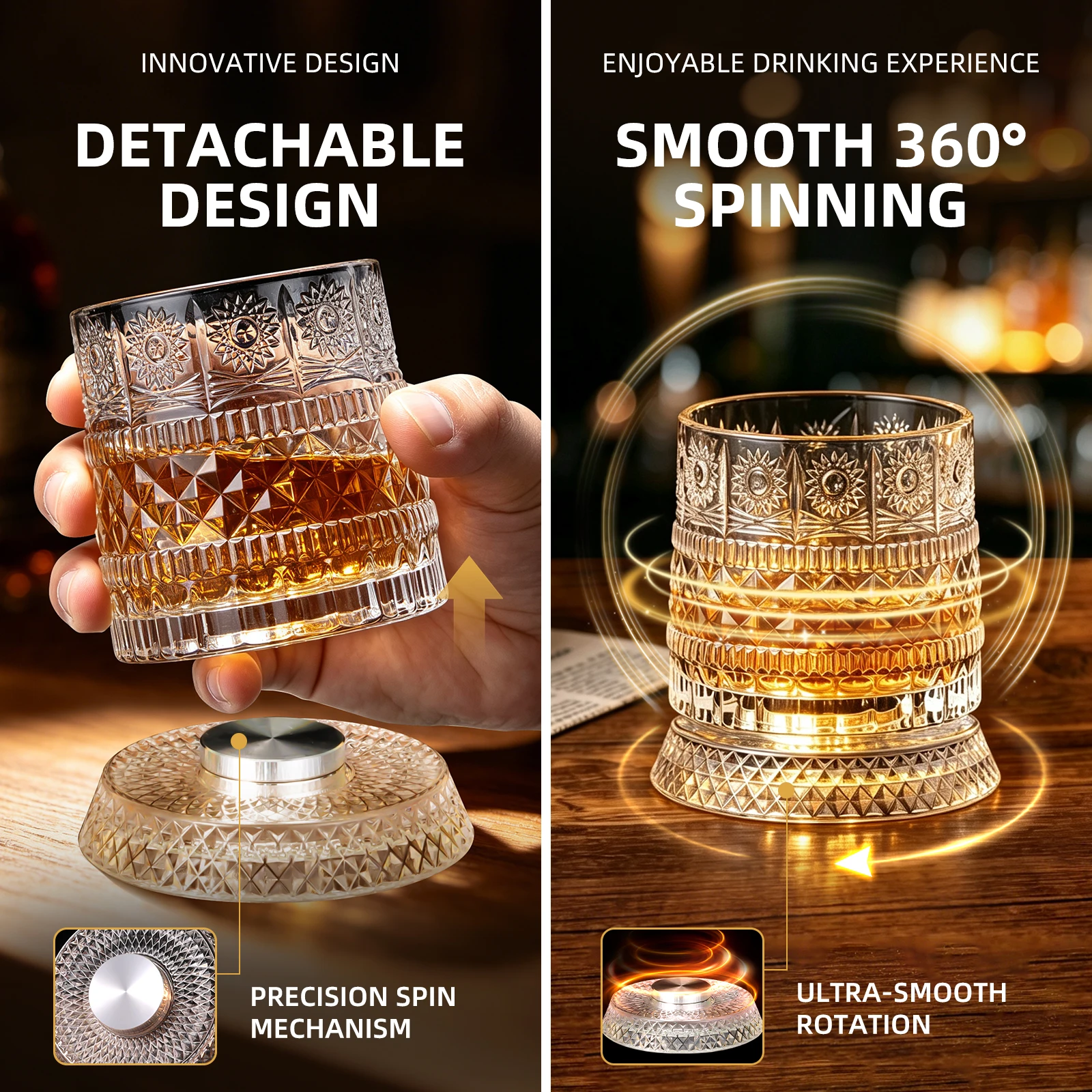 Spinning Whiskey Glasses Set of 2 with 8 LED Light,2 Ice Mold,9.5oz Unique 360 Degree Rotating Old Fashioned Glass,Anti-slip Weighted Base,Bourbon,Cocktail,Gifts Ideas for Men (Flower Diamond)