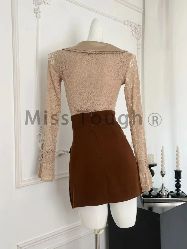 French Fashion Design Sense Sweet Two Piece Set Women Bow Lace Retro Tops + Brown Slim Skirt Winter New Elegant Party Suit 2024