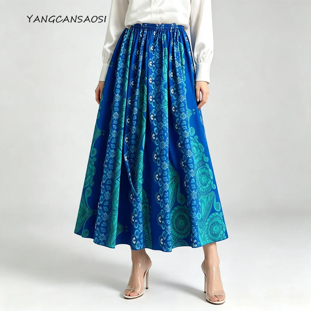 Women's Casual Summer New 100% Natural Mulberry Silk Crepe De Chine Elastic Waist Blue Print Large Swing Skin Friendly Skirt