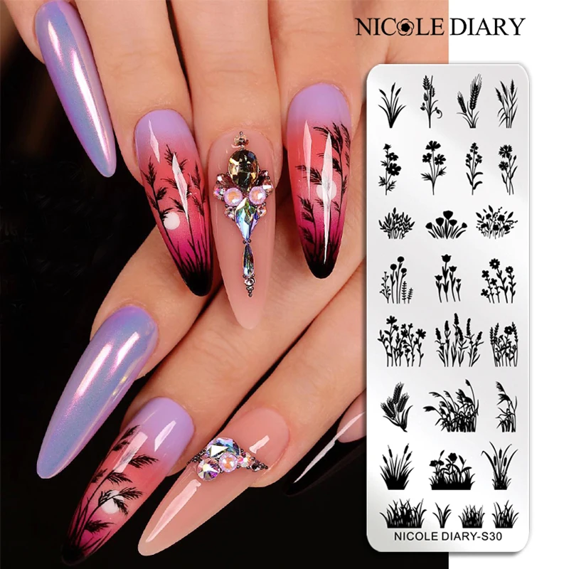 NICOLE DIARY Flower Wheat Nail Stamping Plate Drawing Template Love Heart Image Stencil Mold Nail Stamping Polish Printing Tools