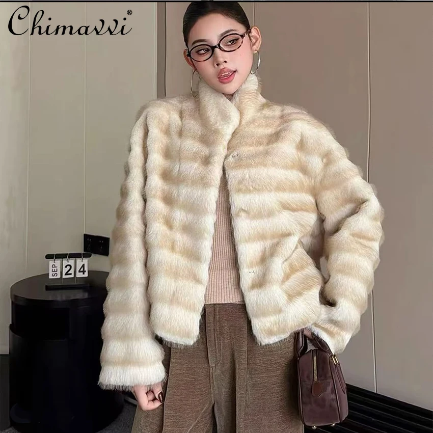 Abrigo de piel sintética de un solo pecho para mujer, chaquetas gruesas de felpa de invierno, elegante, a la moda, estilo coreano, cuello levantado, manga larga