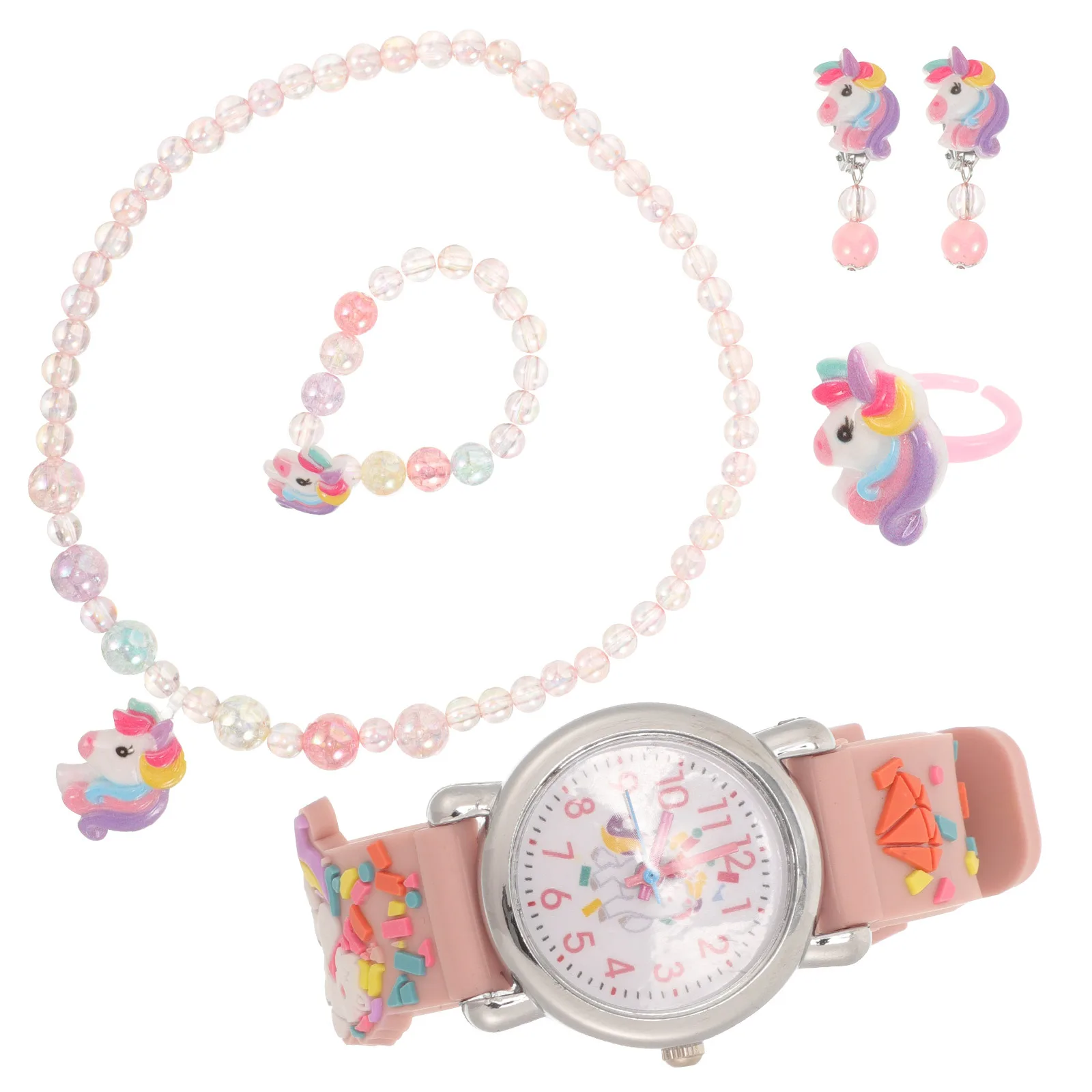 1Set Girl Unicorn Jewelry Kit Cute Clip on Earrings Unicorn Watch Beaded Necklace Bracelet Ring Kids Party Accessory
