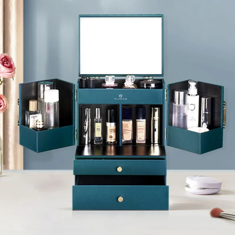 Elegant Jewelry Storage Box with Makeup Mirror, European Style, Multi Layer, Wooden Cosmetic Organizer, Vanity Essentials