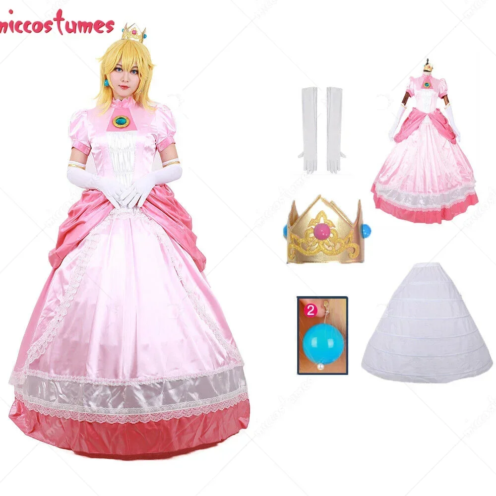 Costume de cosplay de pêche rose pour femme adulte, robe de princesse, gants, boucles d'oreilles, jupon couronne, Mic303