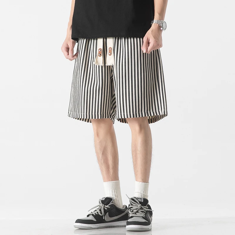 Korean Simplicity Summer Casual Shorts Men's Striped Elastic Waist Drawstring Pockets Youthful Vitality Loose Knee Length Pants