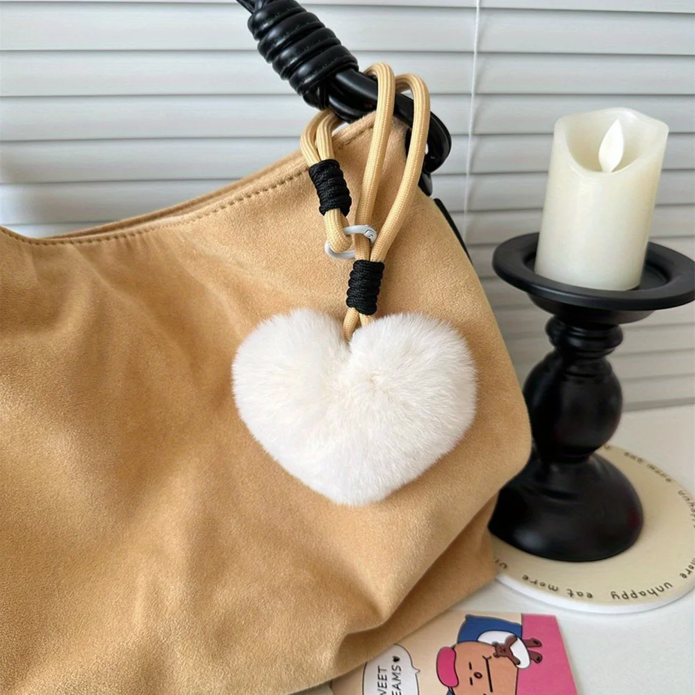 Heart Plush Keychain Colorful Lanyard Bag Accessories Fashion Wrist Strap Pendant Keychains, Soft Fluffy Cute Bag Decoration