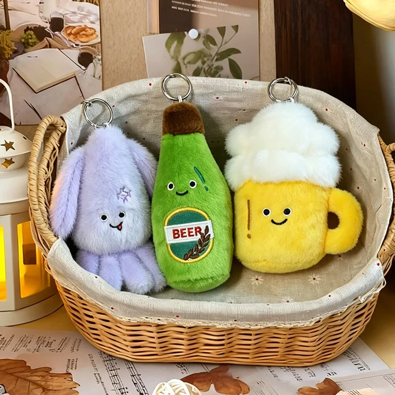New Cute Plush Toy Keychain BBQ Mini Squid Beer Plush Doll Pendant Baozi Coin Purse Bag Decoration Charm