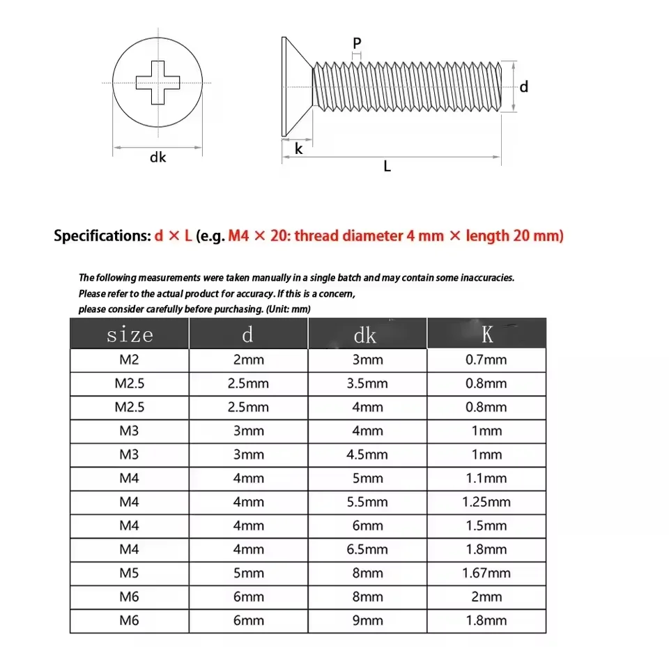M4 M5 M6 304 Stainless Steel Small Head Cross Screws Cross Flat Countersunk Head Bolts Length 4mm~30 mm