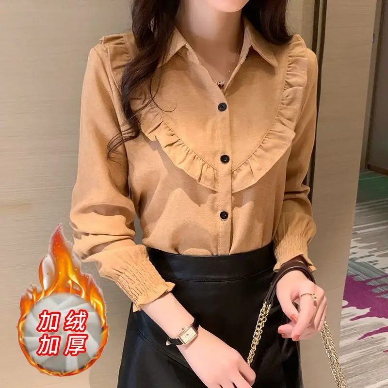 Wine Red Autumn and Winter New Lantern Sleeve Corduroy Long Sleeved Shirt for Women with Thick Velvet and Slim Fit Inner Layer