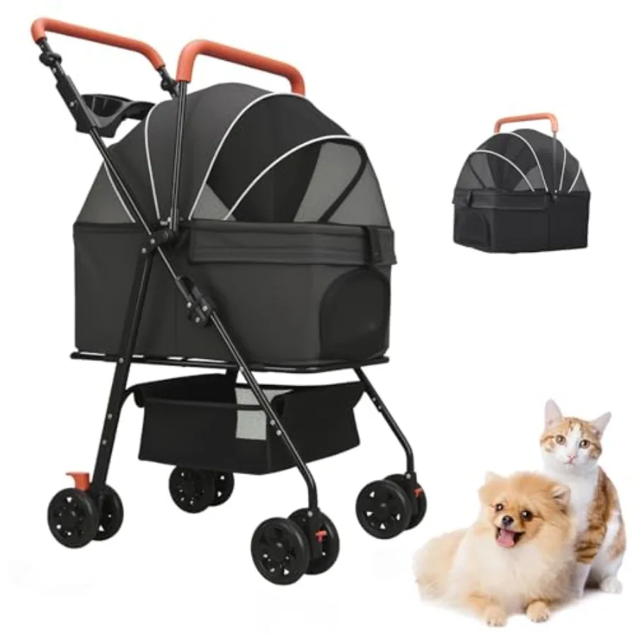 

Коляска для домашних животных для средних и маленьких собак/кошек - 4-колесная складная коляска для собак с корзиной для хранения, переноска для собак/кошек с регулируемой ручкой