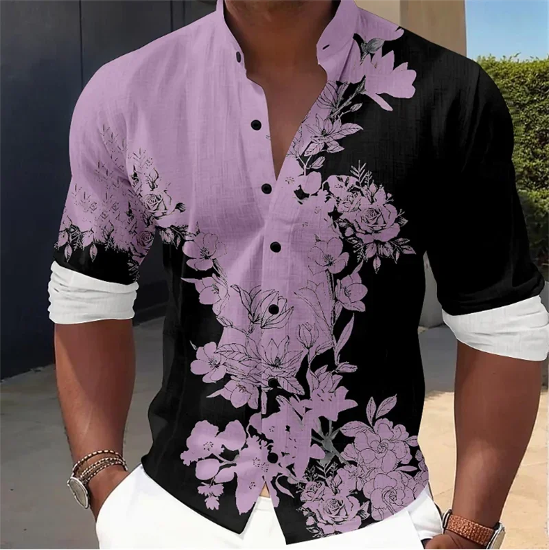 New Men's Ethnic Color Retro Style Soft and Comfortable Shirt Street Vacation Racing Spring/Summer Collar Long Sleeve Shirt Top