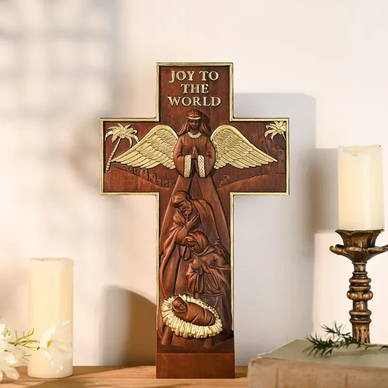 Vintage Wooden Nativity Scene Cross Tabletop Ornament Religious Home Living Decor Gift