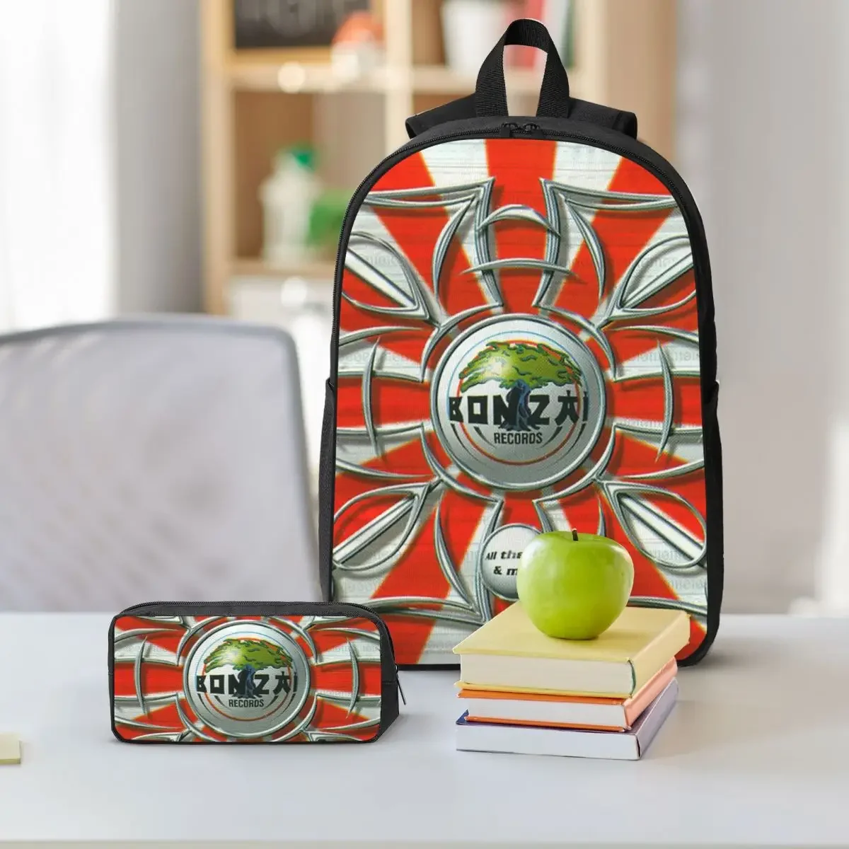 Bonzai Records Backpack Boys Girls BookBag School Bag Shoulder Bags 3ps Insulated Lunch Bag Pencil Case