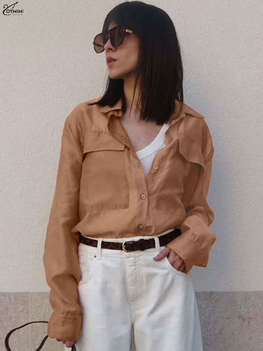 

Oymimi Elegant Orange Thin Women's Blouse Fashion Turn-Down Collar Long Sleeve Blouses Casual Pockets Single Breasted Blouses