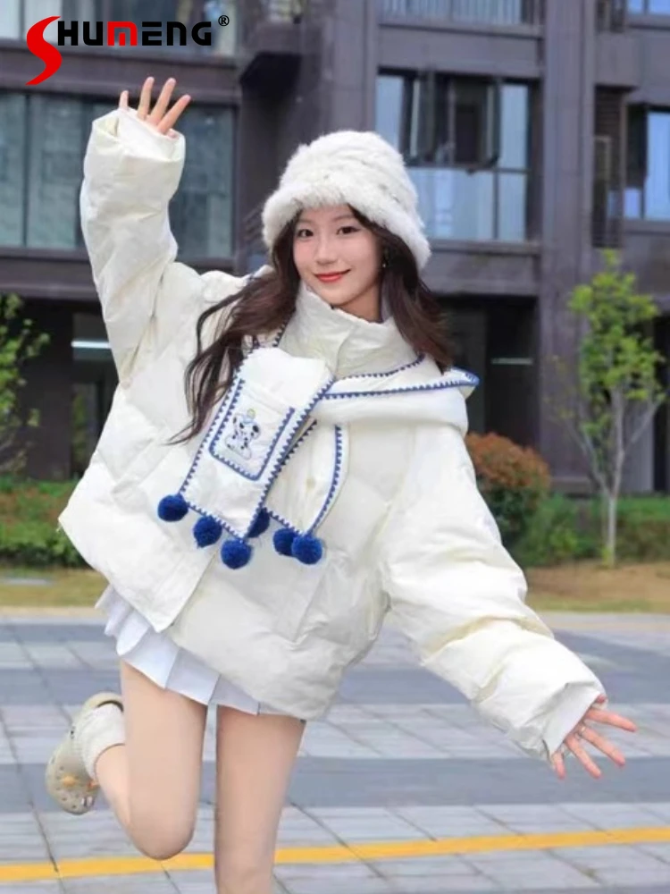 وشاح قابل للفصل سترات بيضاء بقلنسوة من القطن سترات باركاس للنساء شتوية حلوة على طراز بريبي بياقة واقفة معاطف قصيرة دافئة سميكة