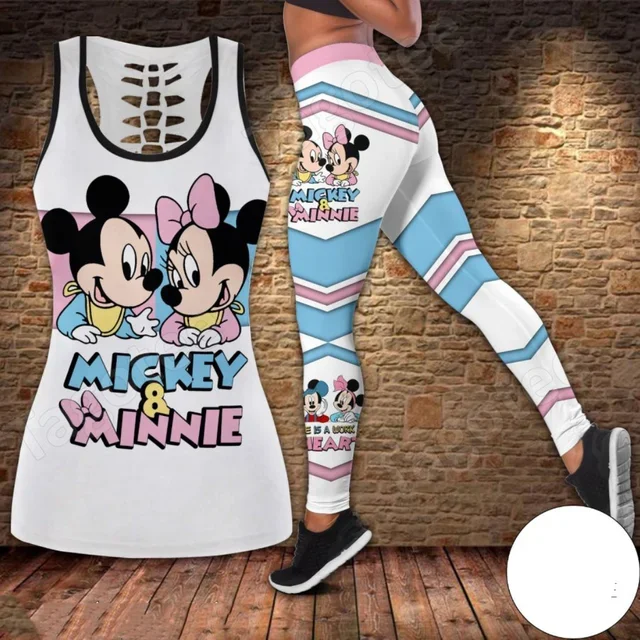 

New Minnie Mouse Women's Hollow Tanktop Leggings Yoga Set Summer Fitness Leggings Tracksuit Disney Cutout Tank Top Leggings Suit