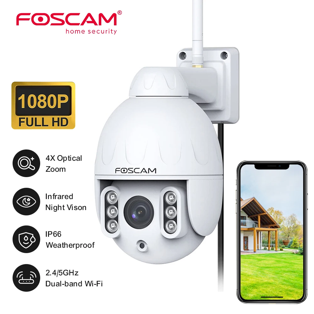 FOSCAM-cámara WiFi 1080p para exteriores, cámara de vigilancia de seguridad con Zoom óptico 4X, Audio bidireccional con micrófono y altavoz, 2,4g/5gHz