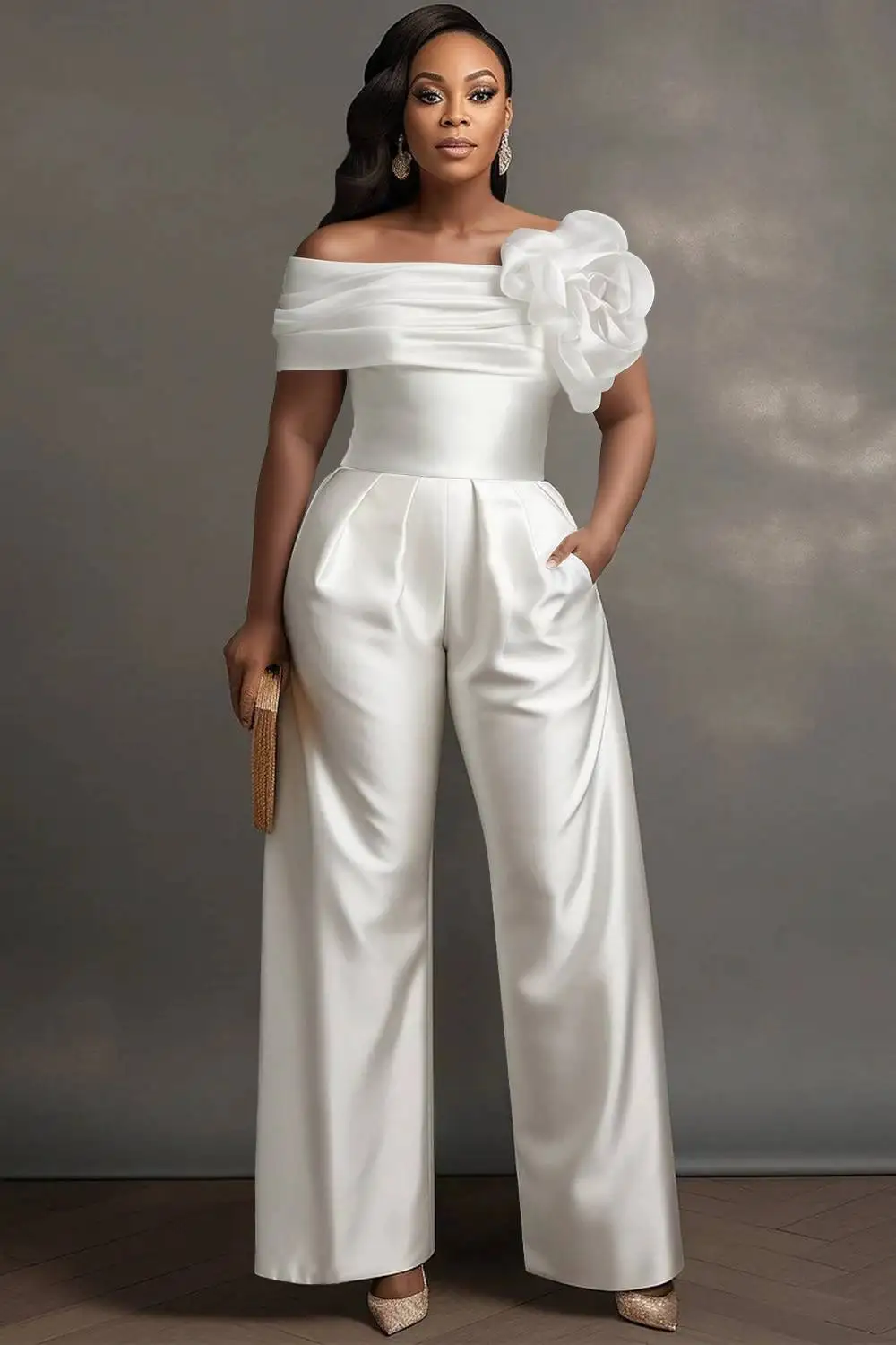 Plus Size Formal White Elegant Off The Shoulder 3D Pocket Satin Jumpsuits