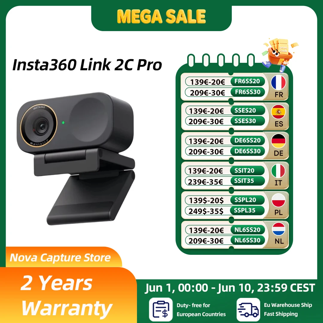 Insta360 Link 2C Pro Webcam 4K per PC/Mac, Sensore da 1/1.3”, Riprese in Condizioni di Scarsa Luminosità, Inquadratura Automatica, HDR, Microfoni Direzionali con Cancellazione del Rumore, Link 2C Pro