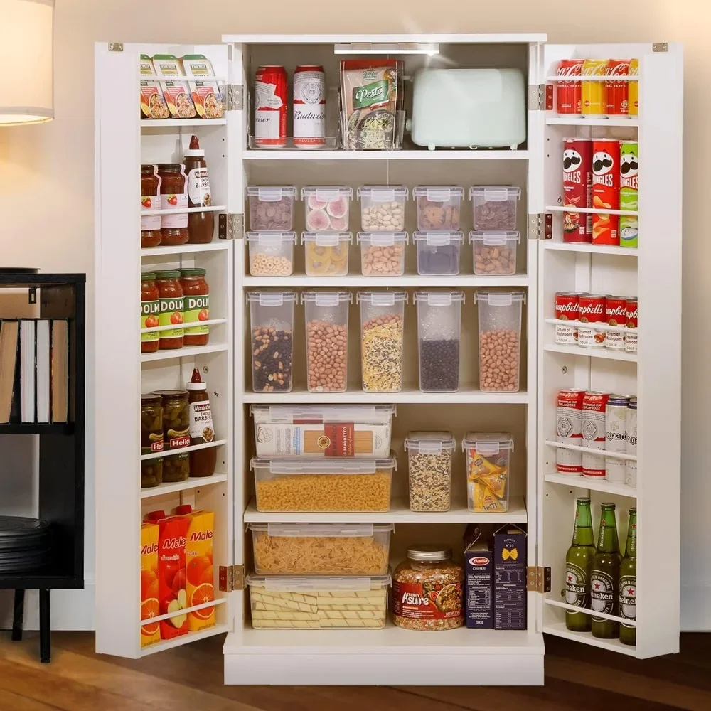 

LED Kitchen Pantry Storage Cabinets - Food Cabinets Cupboards Doors with Racks and Shelves Adjustable