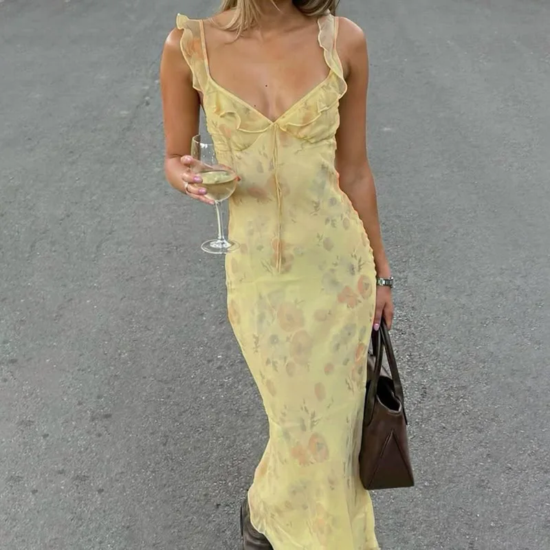 

Summer Flower Printed Women's Sexy Low-cut Dress Sleeveless Backless Slim Sling Dresses 2025 Beach Vacation Lady Vestidos