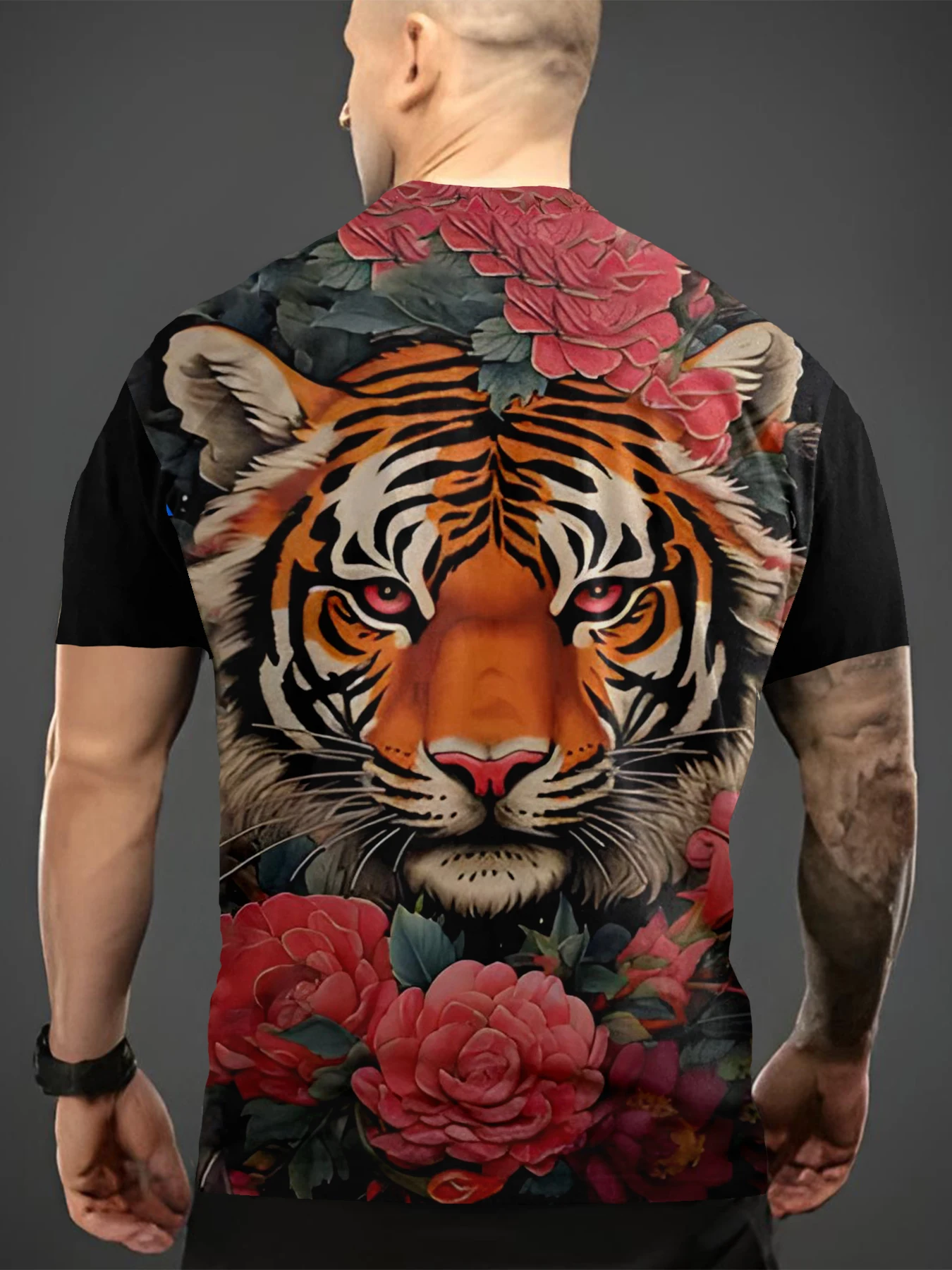 

2025 New Hip Hop Harajuku Street Style Animal Tiger Rose Printed T-shirt 3D Men's and Women's Summer Short Sleeve Men's Large Si